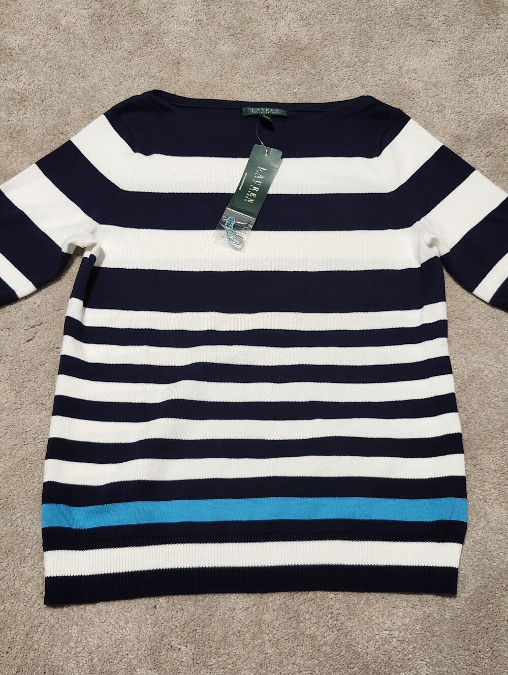 Ralph Lauren Ladies Large Navy Blue/White Stripes S/S Top Buttons On Sleeves